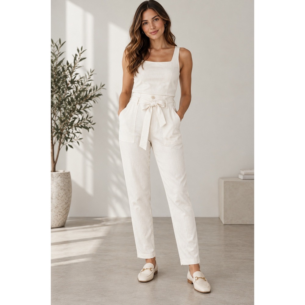 Potter's Pot Pants Women Medium White Cotton Blend High Waist Tie Belt Tapered